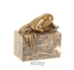 Bronze Nude Woman Sculpture on a Black Marble Base Signed