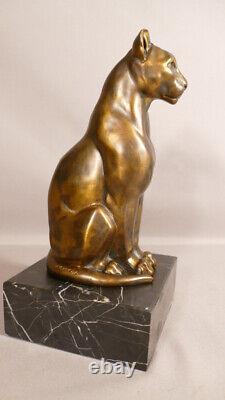 Bronze Panther On Socle Marble, Sculpture Age Art Deco Signed Laroche