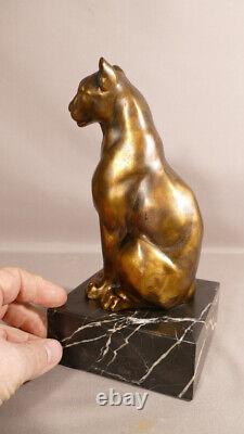 Bronze Panther On Socle Marble, Sculpture Age Art Deco Signed Laroche