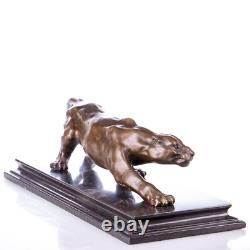 Bronze Panther Sculpture on a Black Marble Base after Barye