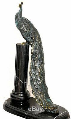 Bronze Peacock Signed Beautiful Antique Bronze Bicolor On Pedestal Marble
