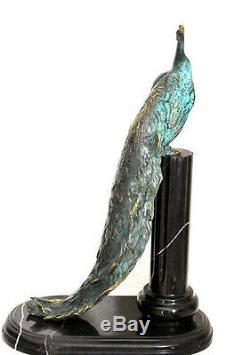 Bronze Peacock Signed Beautiful Antique Bronze Bicolor On Pedestal Marble