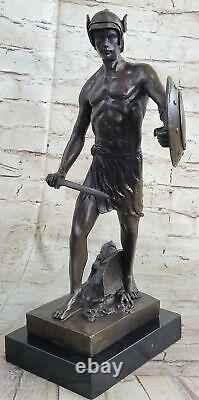Bronze Roman God Warrior Statue Signed Art Figurine Marble Base Decor