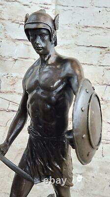 Bronze Roman God Warrior Statue Signed Art Figurine Marble Base Decor