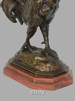 Bronze Rooster with Brown Patina on Marble Base Signed by D Alfred Barye 1839 / 1895