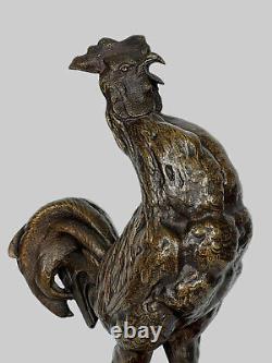 Bronze Rooster with Brown Patina on Marble Base Signed by D Alfred Barye 1839 / 1895