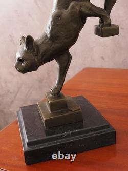 Bronze Sculpture Cat on the Staircase Signed, Handmade, Marble Base