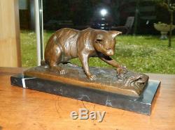 Bronze Sculpture Chat On Base Marble Signed Milo