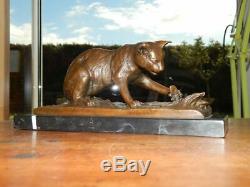 Bronze Sculpture Chat On Base Marble Signed Milo