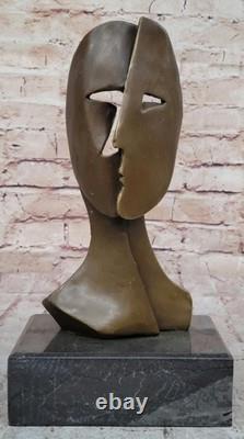 Bronze Sculpture Figurine Cubist Model Two Faces Marble Base Signed