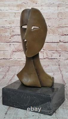 Bronze Sculpture Figurine Cubist Model Two Faces Marble Base Signed