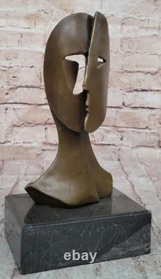 Bronze Sculpture Figurine Cubist Model Two Faces Marble Base Signed