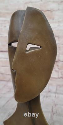 Bronze Sculpture Figurine Cubist Model Two Faces Marble Base Signed