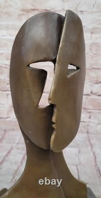 Bronze Sculpture Figurine Cubist Model Two Faces Marble Base Signed