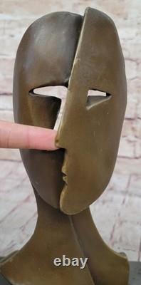 Bronze Sculpture Figurine Cubist Model Two Faces Marble Base Signed