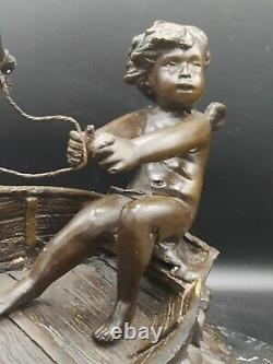 Bronze Sculpture On Marble Signed Angelot On Boat