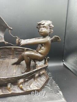 Bronze Sculpture On Marble Signed Angelot On Boat