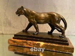 Bronze Sculpture On Marble Terrace With Lioness Signed Millette