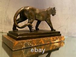 Bronze Sculpture On Marble Terrace With Lioness Signed Millette