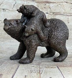 Bronze Sculpture Statue Original Signed Black Bear Mother Cub Western Marble Art