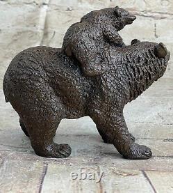 Bronze Sculpture Statue Original Signed Black Bear Mother Cub Western Marble Art