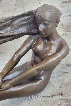Bronze Sculpture Statue Signed High Quality Art Deco Nude Girl Marble Base Nr