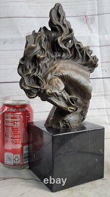 Bronze Sculpture of Stallion Horse on Marble Base Art Figurine Signed M