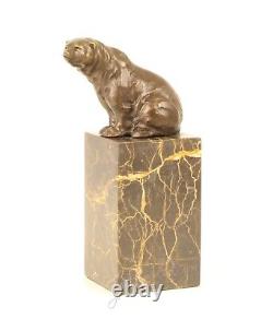 Bronze Sculpture of a Bear Sitting on Vintage Marble