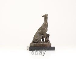 Bronze Sculpture of a Greyhound Sitting on a Black Marble