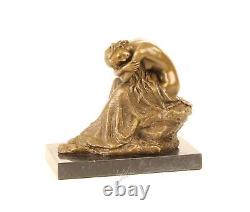 Bronze Sculpture of a Kneeling Beauty on Black Marble Signed