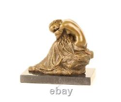 Bronze Sculpture of a Kneeling Beauty on Black Marble Signed