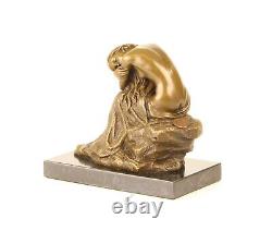 Bronze Sculpture of a Kneeling Beauty on Black Marble Signed