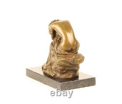 Bronze Sculpture of a Kneeling Beauty on Black Marble Signed