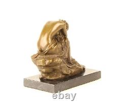 Bronze Sculpture of a Kneeling Beauty on Black Marble Signed