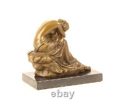 Bronze Sculpture of a Kneeling Beauty on Black Marble Signed