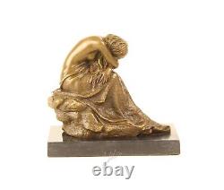 Bronze Sculpture of a Kneeling Beauty on Black Marble Signed