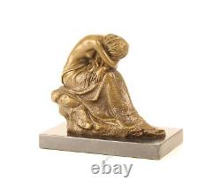 Bronze Sculpture of a Kneeling Beauty on Black Marble Signed