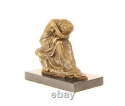 Bronze Sculpture of a Kneeling Beauty on Black Marble Signed