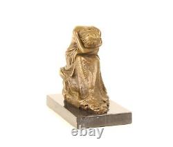 Bronze Sculpture of a Kneeling Beauty on Black Marble Signed