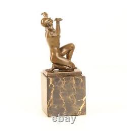 Bronze Sculpture of a Kneeling Male Nude on Black Marble