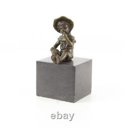 Bronze Sculpture of a Little Girl on Black Marble