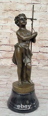 Bronze Sculpture of a Naked Boy Signed, Art Deco Statue on Marble Base