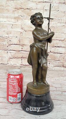 Bronze Sculpture of a Naked Boy Signed, Art Deco Statue on Marble Base