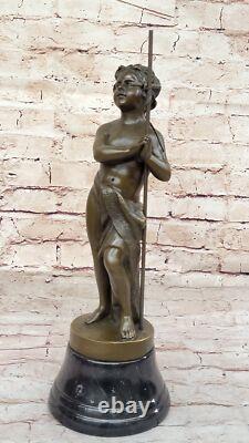 Bronze Sculpture of a Naked Boy Signed, Art Deco Statue on Marble Base
