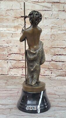 Bronze Sculpture of a Naked Boy Signed, Art Deco Statue on Marble Base