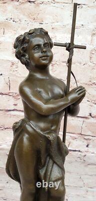 Bronze Sculpture of a Naked Boy Signed, Art Deco Statue on Marble Base