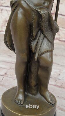 Bronze Sculpture of a Naked Boy Signed, Art Deco Statue on Marble Base