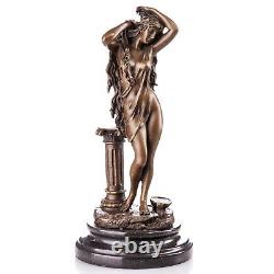 Bronze Sculpture of a Nude Greek Woman Bathing on Black Marble Signed