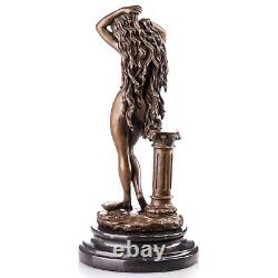 Bronze Sculpture of a Nude Greek Woman Bathing on Black Marble Signed