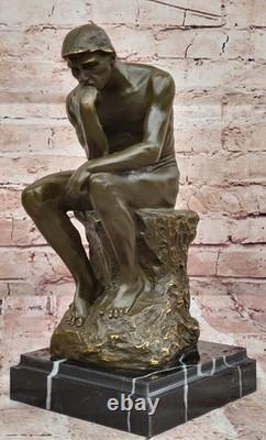 Bronze Sculpture on Marble Base After Rodin's The Thinker Signed Classic